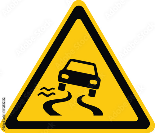 Warning sign depicting a car skidding on a slippery or icy road