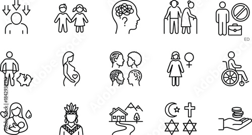 Diversity and Inclusion Icon Set Representing Culture, Gender, Disability, Religion, Age, Mental Health, and Economic Equality Concepts