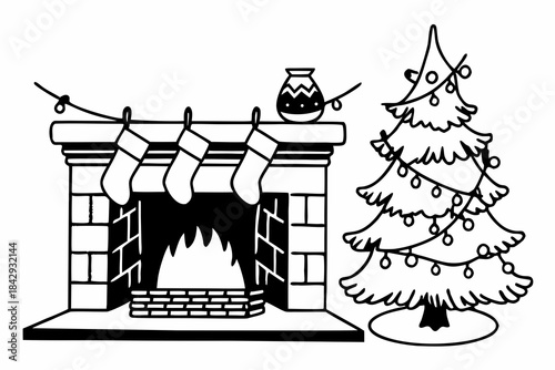 Cozy Christmas Fireplace and Tree Holiday Illustration.