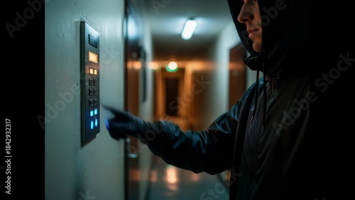 Man in black hoodie pressing elevator button in dim hallway . Courier ringing apartment buzzer 