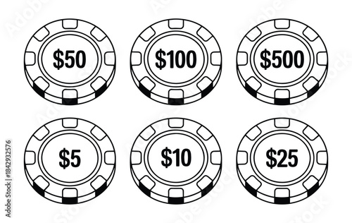 Casino poker chips, Gaming tokens, Casino Chips, Poker Chip, Money, Gambling clean minimalist outline, Each chip displaying a different dollar value, Vector illustration