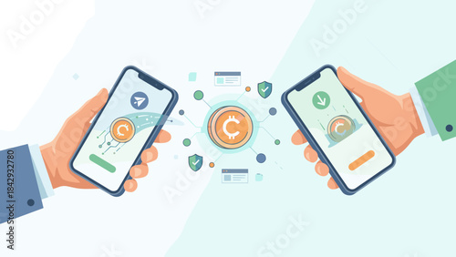 Digital money transfer. Smartphone app. Peer to peer payment. Hands holding phones. Crypto exchange. Fintech wireless finance. Online wallet. Mobile banking transaction. Sending P2P.