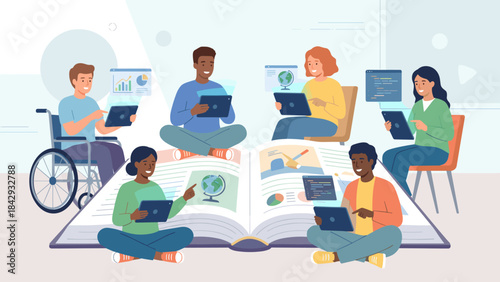 Diverse students using tablets around giant open book. Inclusive education concept. Wheelchair user. Online digital learning technology. Modern study class. Flat vector illustration.