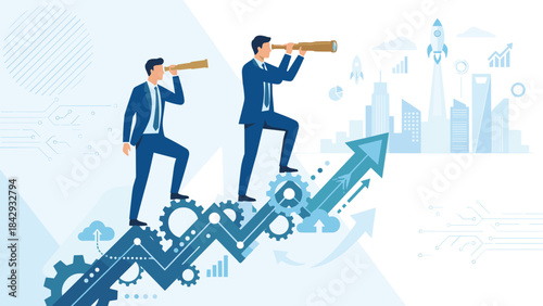 Businessmen with telescope on rising arrow. Future vision. Forecasting strategy. Business growth success. Opportunity search. Corporate profit. Market trend. Strategic planning.