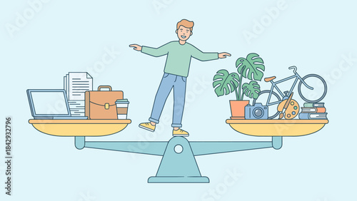 Work life balance concept. Man on scale. Career vs hobbies. Business leisure lifestyle. Mental health harmony. Professional job personal time. Wellbeing. Time management. Stability.