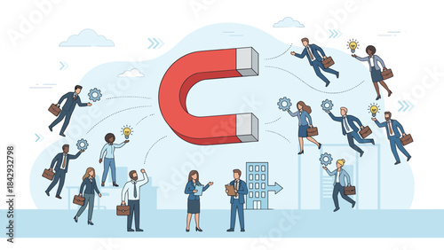 Talent acquisition concept. Magnet attracting employees. Recruitment strategy. HR headhunting. Hiring process. Workforce attraction. Staffing. Job search. Corporate hiring. Employment.