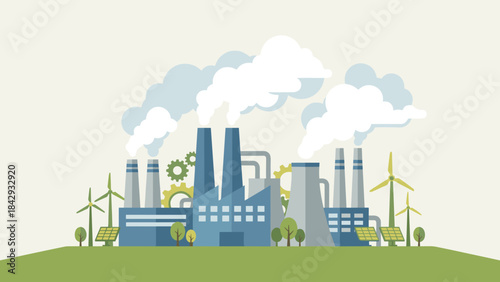 Eco friendly factory concept. Sustainable industry vector. Green energy plant wind turbines solar panels. Clean manufacturing. Environment protection. Renewable resources. Ecology.