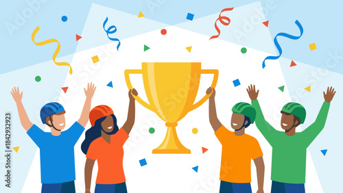 Winning team celebrating with giant gold trophy. Happy people holding cup. Success achievement teamwork concept. Champions with confetti. Victory award. Flat vector illustration.