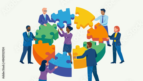 Diverse business team assembling giant jigsaw puzzle pieces. Corporate collaboration concept. Partnership strategy. Problem solving unity. Connecting solution success flat vector.