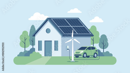 Renewable energy home. Eco friendly house with solar panels. Wind turbine. Electric car charging station. Green sustainable living. Ecology technology concept. Clean nature power.
