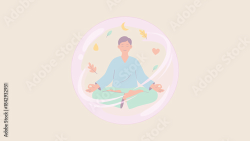 Mindfulness meditation concept. Person in lotus pose inside bubble. Mental health protection. Personal space shield. Calm yoga zen. Self care and inner peace. Emotional boundary.