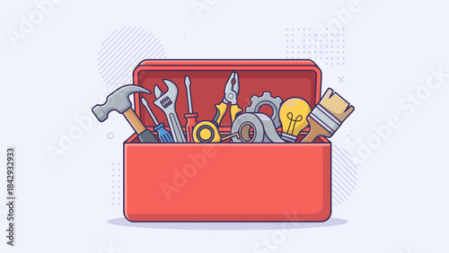 Red toolbox with repair tools. Construction maintenance kit. Handyman equipment. Hammer wrench screwdriver pliers tape. DIY renovation concept. Flat vector illustration design