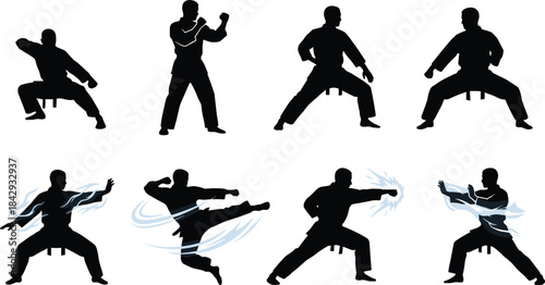 Dynamic Martial Arts Silhouettes in Action with Stylized Energy Effects Showcasing Power, Movement, Combat Skills, and Traditional Fighting Poses