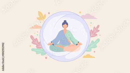 Protective bubble mindfulness. Meditating in lotus pose. Personal space boundary. Mental health protection. Calm yoga zen isolation. Introvert safety. Self care shield. Vector art