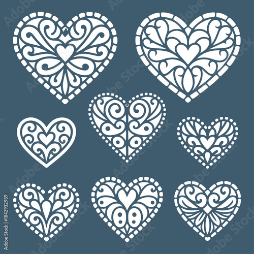 Laser cutting set of hearts. Valentines day decoration for your design. Various lace fretwork hearts for paper cutting, wood carving and Christmas decorations VECTOR