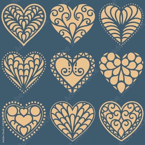 Laser cutting set of hearts. Valentines day decoration for your design. Various lace fretwork hearts for paper cutting, wood carving and Christmas decorations ICON