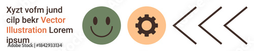Communication, productivity, design, teamwork, direction, innovation. Green happy face, orange gear and two black chevron arrows in sequence. Communication and productivity concept