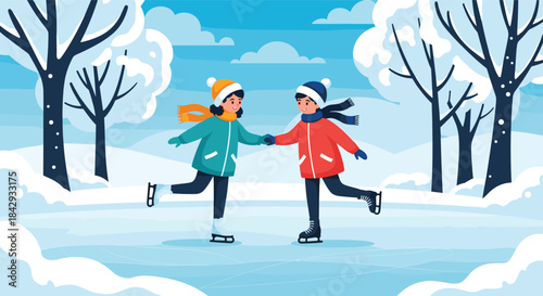 Two friends ice skate together on a snowy frozen surface under a bright blue sky as they hold hands and share a joyful moment of balance and companionship.