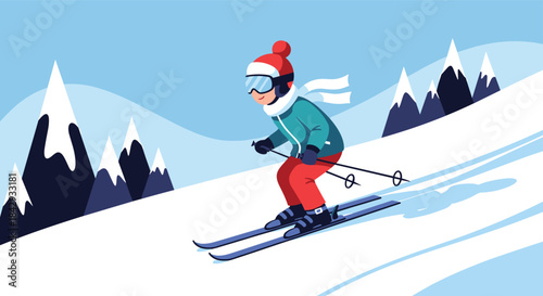 Lone skier glides down a snowy slope beneath a clear blue sky with distant rugged mountains and tall pine trees lining the horizon in a peaceful winter scene.