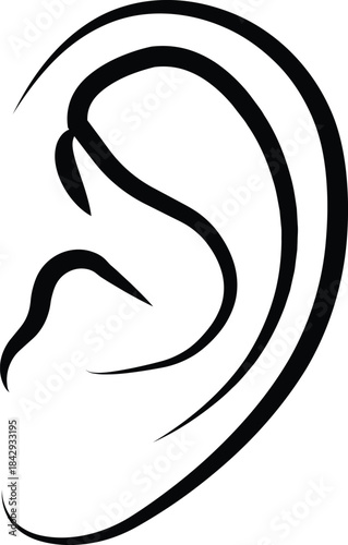 Black ear icon in flat and line style, hearing symbol featuring auditory outline graphics and sound awareness illustration monochrome listening sense vector pack with synonym element