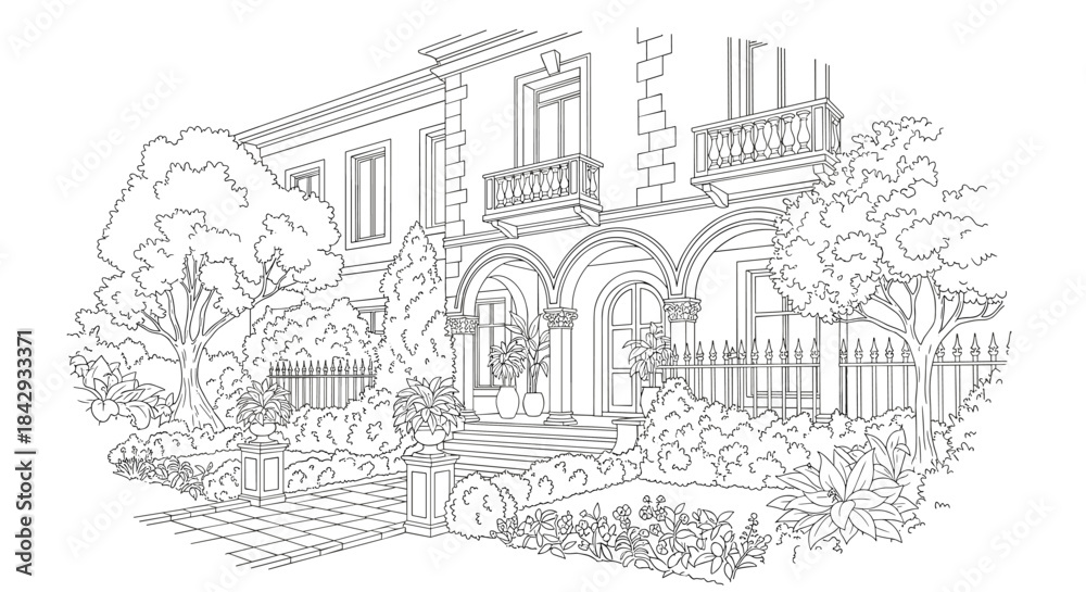 Fototapeta premium Classic villa illustration showing an arched entryway columns decorative balconies and a lush garden filled with trees and trimmed shrubs beside stone steps.
