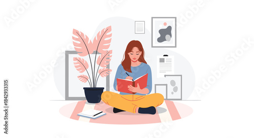 Person sits cross legged on a soft rug reading a book with a potted plant nearby and framed pictures on the wall creating a calm study space.