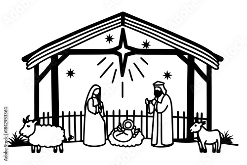 Minimalist Nativity Scene with Holy Family and Star.