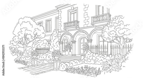 Classic villa illustration showing an arched entryway columns decorative balconies and a lush garden filled with trees and trimmed shrubs beside stone steps.