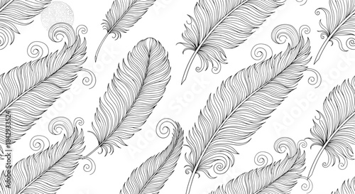 Feather motif repeats across a seamless monochrome pattern creating a vintage inspired decorative background suitable for textiles and design projects.