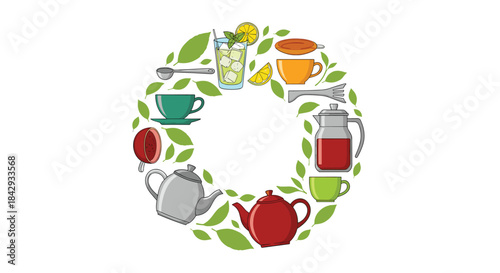 Circular arrangement of kitchenware and beverages surrounded by green leaves featuring teapots cups kettles glasses and a pitcher forming a decorative ring.
