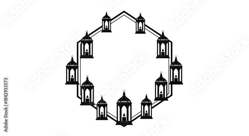 Circular arrangement of decorative lanterns forms a symmetrical halo around an empty center for a festive display and warm ambient lighting.