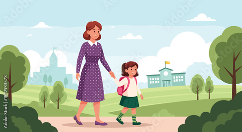 Mother and her young daughter walk hand in hand through a sunny park with green lawns shaded by trees while a distant city skyline looms softly behind.