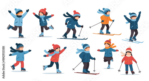 Group of children ice skating outdoors wearing colorful jackets hats and scarves as they glide twirl leap and play together on a bright winter day.