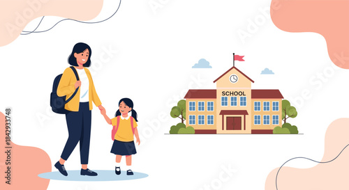 Mother and daughter walk hand in hand toward a welcoming school building as bright sunlight shines and a cheerful morning fills the scene.
