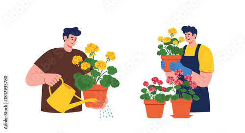 Two gardeners tend and water vibrant potted flowers as they care for plants and arrange pots for a bright cheerful outdoor display.
