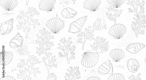Sea life pattern featuring shells coral and seaweed in a graceful monochrome illustration suitable for backgrounds textiles and wallpaper designs.