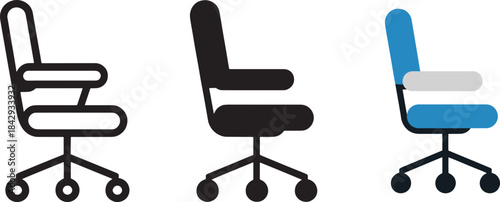 Armless office chair outline glyph and flat design icon set for modern workspaces