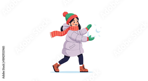 Young girl wearing a purple winter coat with a red and orange scarf and a green hat walks on snow while tossing a small snowball and enjoying a windy day.