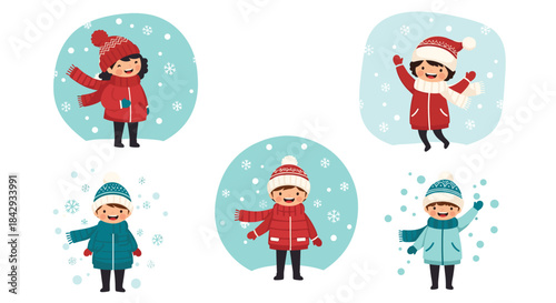 Five cheerful children wearing colorful winter coats hats and gloves stand in circular blue frames playing in falling snow and smiling at the chilly day.