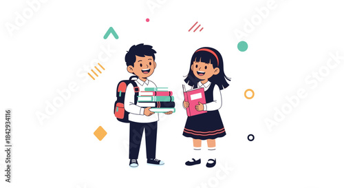 Two students walk together in a bright classroom scene carrying stacked books and smiling as they share a moment of learning and friendship before class.