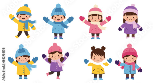 Eight cheerful children wearing bright winter coats hats scarves and mittens pose together in a snowy playful scene full of color and warmth.