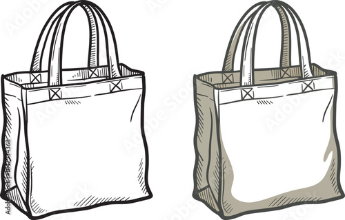 Reusable shopping tote bag hand drawn outline and colored illustration for eco friendly concepts