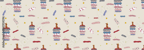 Seamless pattern with fairy tale illustration with a dog Princess Dachshund on a Pea Dog Sitting on a Mattress Funny Pets Vector	
