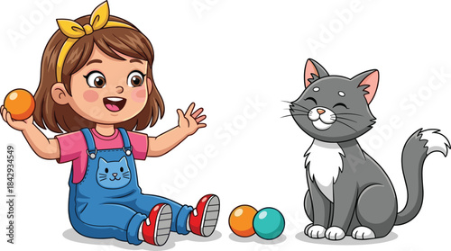 Two cute little girls characters vector illustration, happily holding and showing giant swirly lollipops, sharing sweet candy and expressing friendship, joy, and childhood happiness and fun.