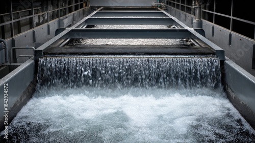 Water flowing over a weir in a modern water treatment facility