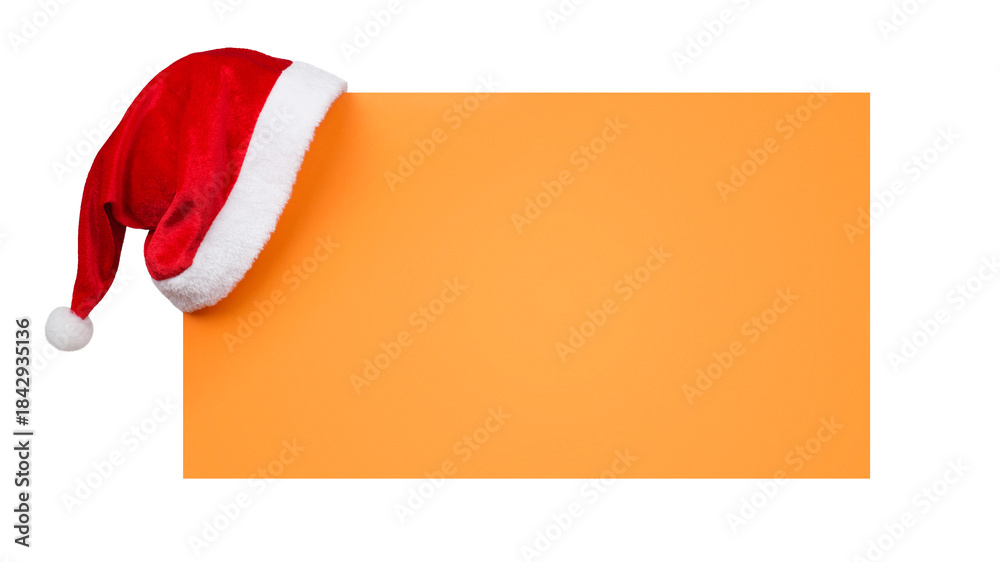 Naklejka premium Santa Claus Hat Hanging on Orange Banner Isolated on White and Png Transparent Background