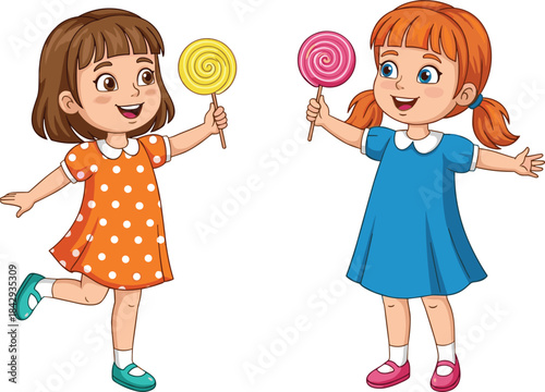 Two cute little girls characters vector illustration, happily holding and showing giant swirly lollipops, sharing sweet candy and expressing friendship, joy, and childhood happiness.