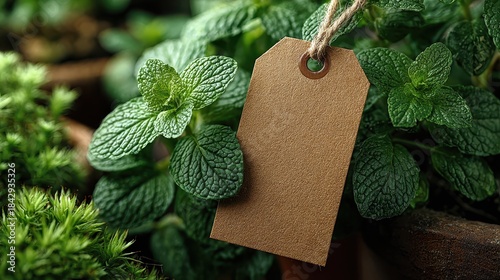Mint plant with blank label in garden setting ready for planting or labeling at morning sunlight