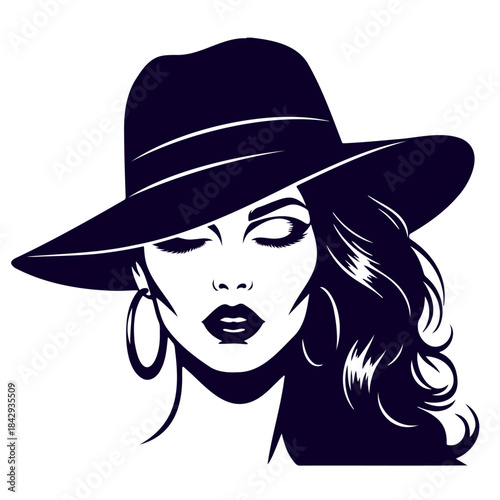 Stylish woman in elegant hat and hoop earrings looking down with closed eyes silhouette