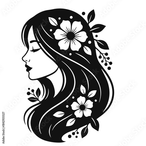 Woman profile with long hair decorated with flowers and leaves beauty design